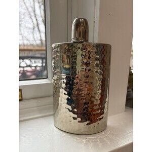 Vintage Hammered Tin Lined Hip Flask Made in Germany, Curved 7" Tall 12oz
